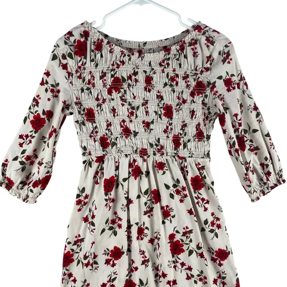 Old Navy Girls Smocked Floral Fit & Flare Dress XL 14-16 Cream Red Long Sleeve